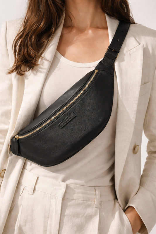 HIP BAG MAXI ANTHRACITE - LIGHT GOLD CROSSBODY LEATHER BAG