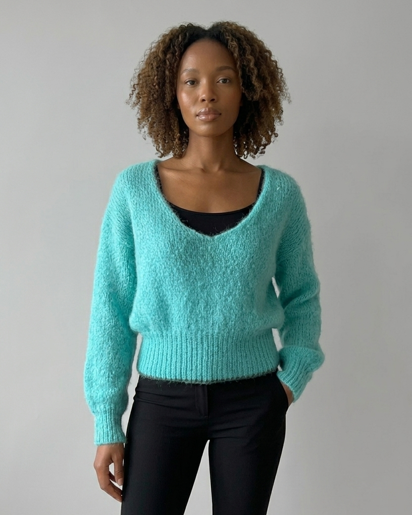 South African model wearing light green mohair-blend sweater with fluffy knit texture, deep scoop neckline, oversized sleeves. Full body studio shot highlighting South African craftsmanship, Studio Minimale