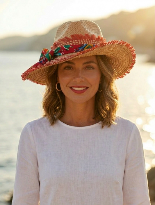 US model wearing The Riviera Raffia Fedora - handmade Brooklyn straw hat with red raffia ruffles, multicolored silk scarf bow, wide brim. Coastal golden hour styling with white linen blouse, Studio Minimale